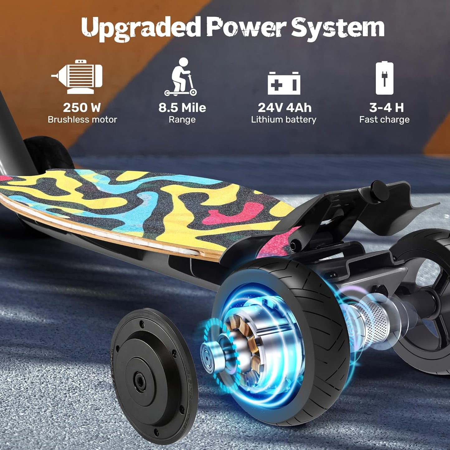 4-Wheel Electric Scooter for Kids w/250W Brushless Motor, Up to 10 MPH & 8.5 Miles, Rainbow Lights, LED Display, 5 Speeds & Adjustable Height, Foldable Kids Electric Scooter, UL-2272 Certified