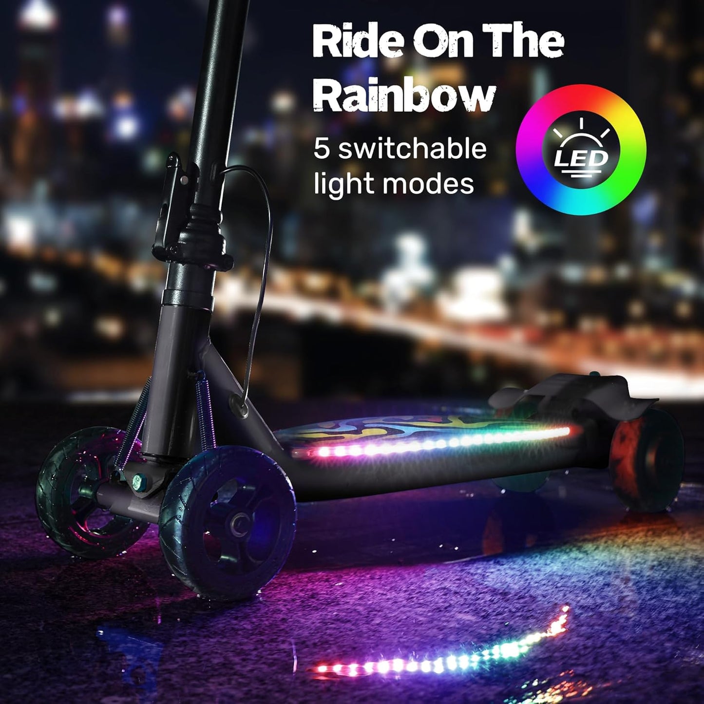 4-Wheel Electric Scooter for Kids w/250W Brushless Motor, Up to 10 MPH & 8.5 Miles, Rainbow Lights, LED Display, 5 Speeds & Adjustable Height, Foldable Kids Electric Scooter, UL-2272 Certified